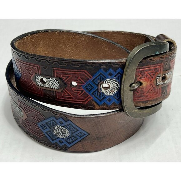 Western Saddle Leather Belt 32 Hand Painted Tooled Embossed Aztec Brass Buckle - Picture 2 of 14